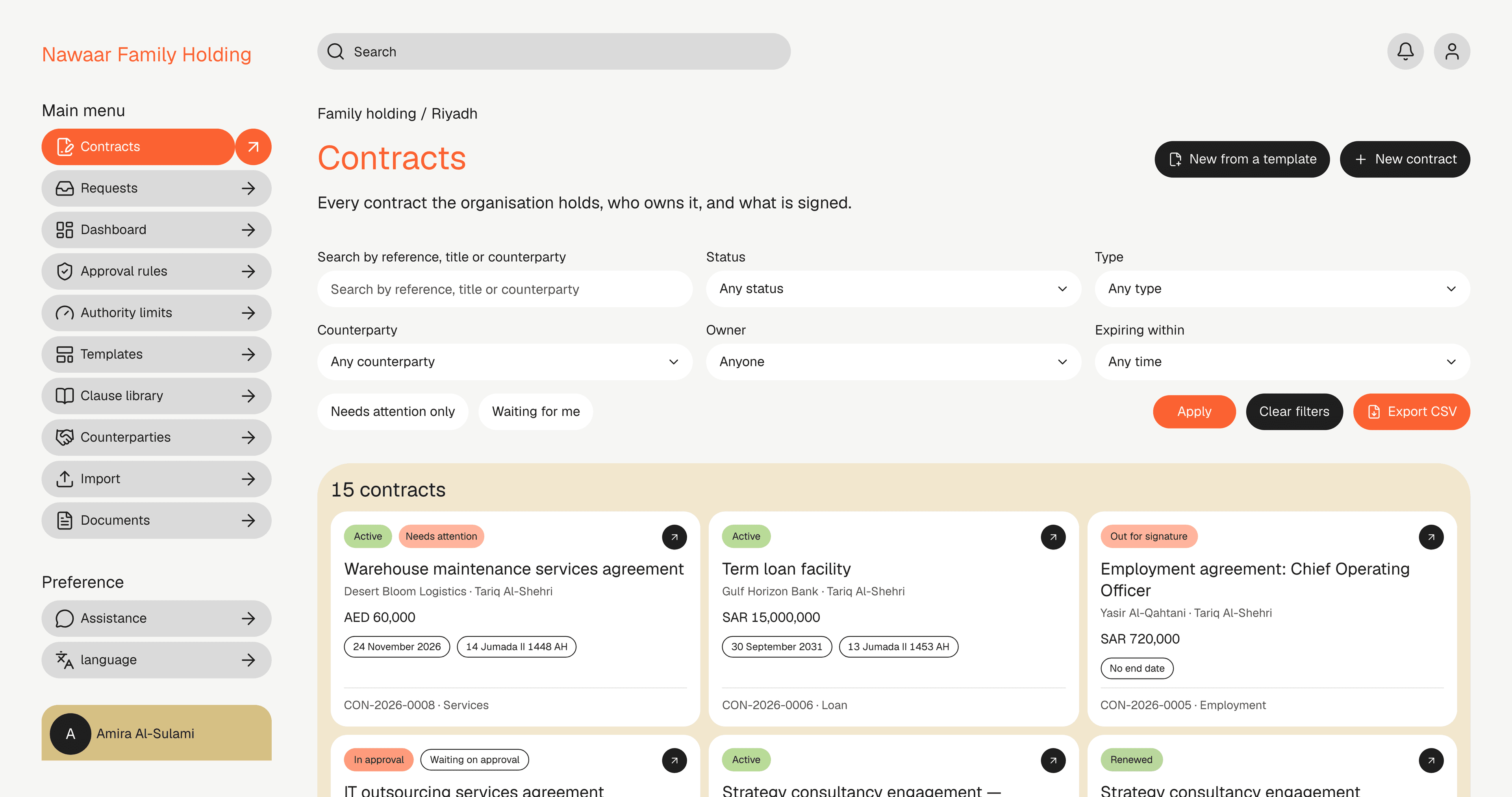Nawaar Family Holding’s contracts register: every contract with its status, owner, counterparty and renewal date.