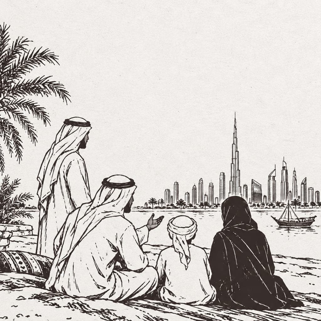 Ink drawing of people seated by the water, looking toward the Dubai skyline and a dhow.