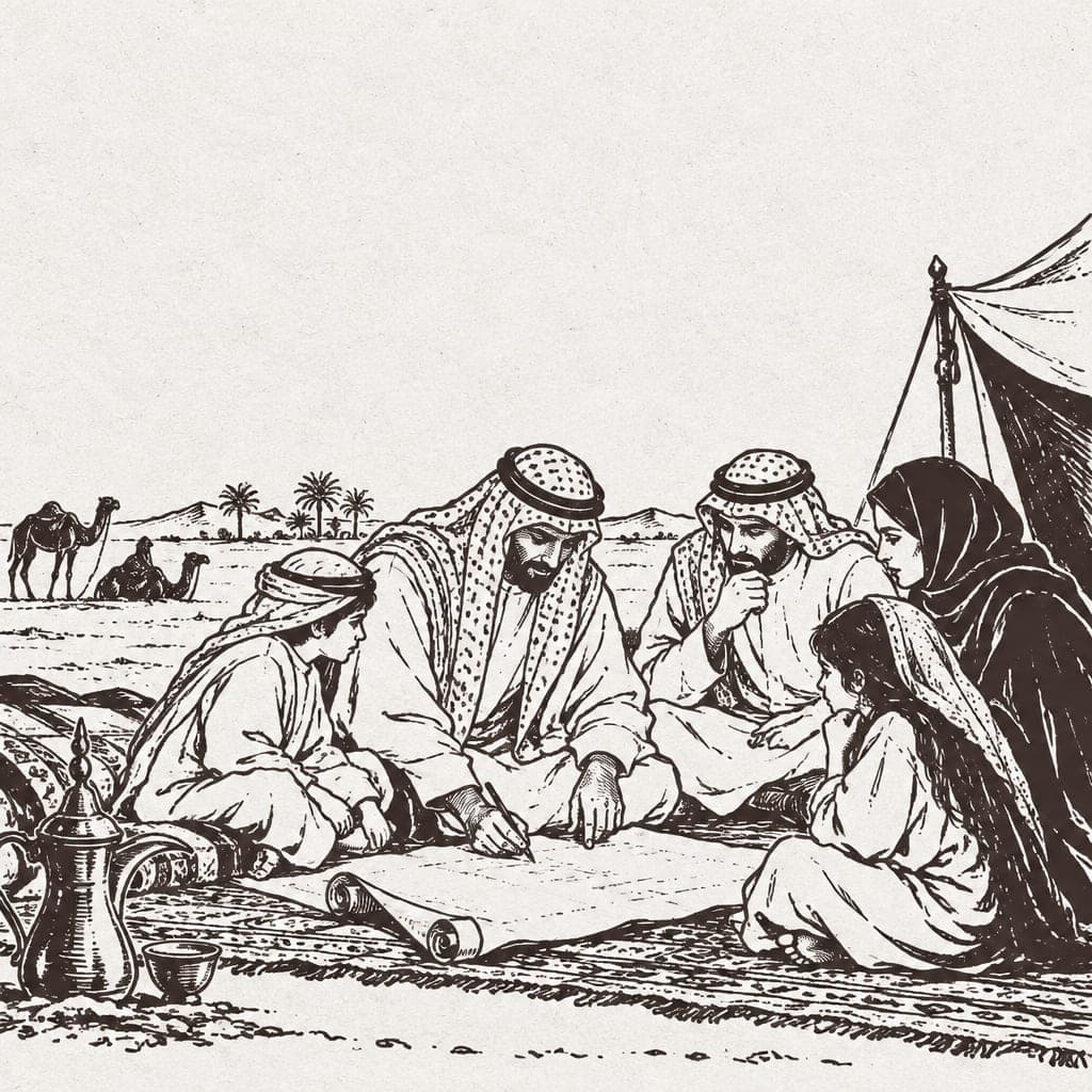 Ink drawing of a family seated on a rug in the desert, writing on a scroll beside a tent.