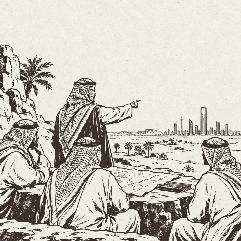 Ink drawing of men in ghutra on a rocky ledge, one pointing toward the Riyadh skyline.