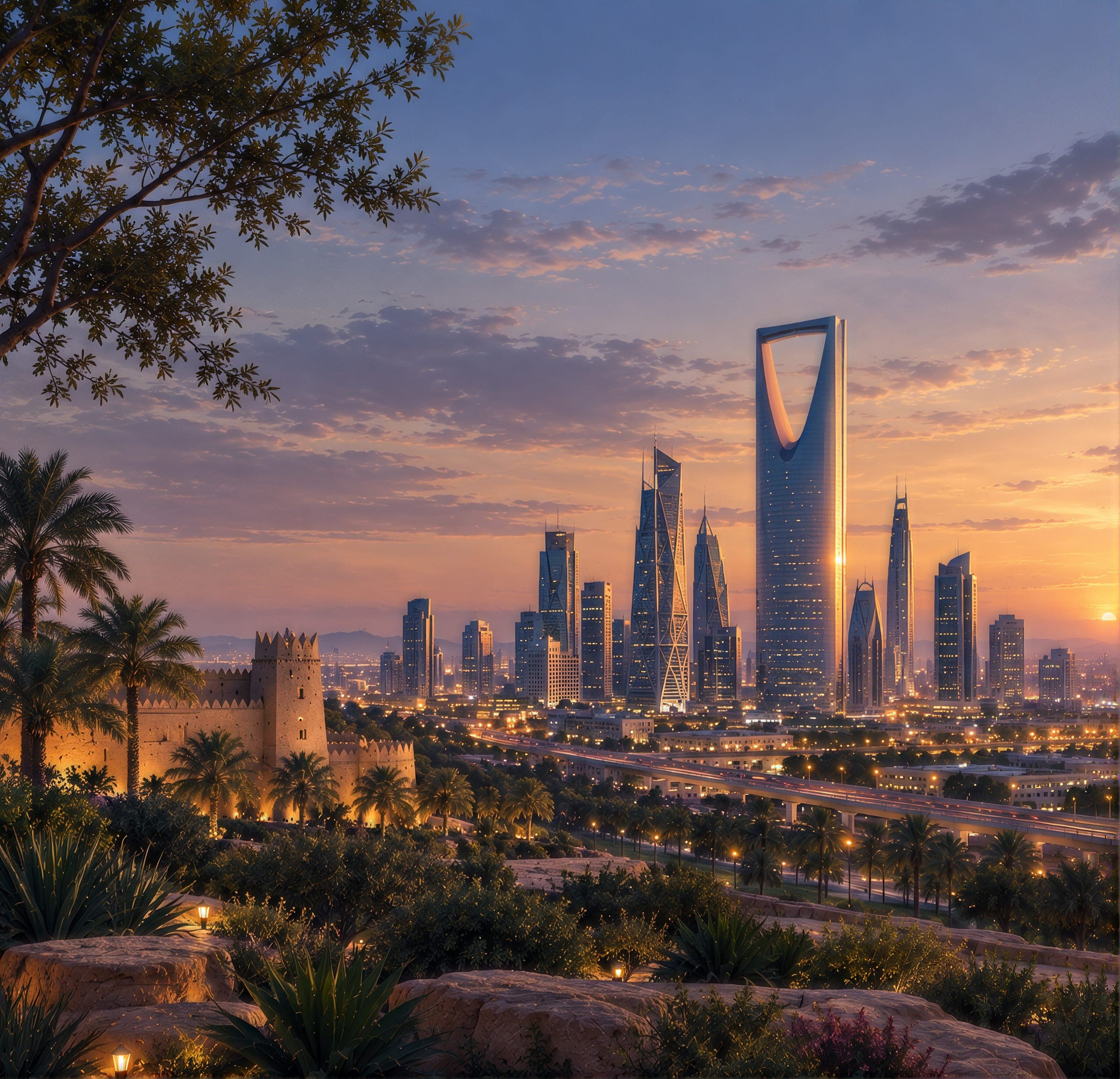 Riyadh at dusk, with the Kingdom Centre and city lights along the skyline.